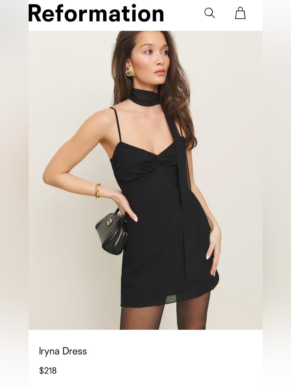 Reformation Iryna Dress Black Spaghetti-Strap Mini Dress with Neck Tie